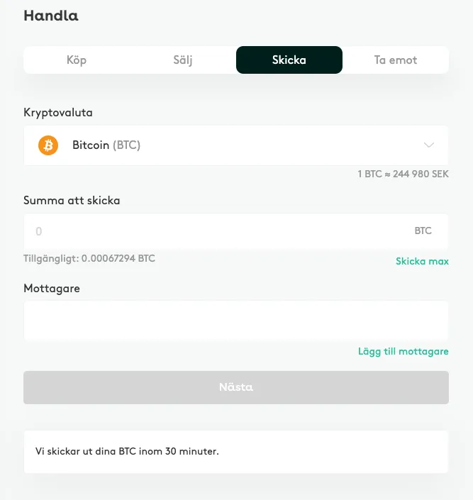 Fliken Skicka hos Safello där du skickar Bitcoin till en annan plånbok