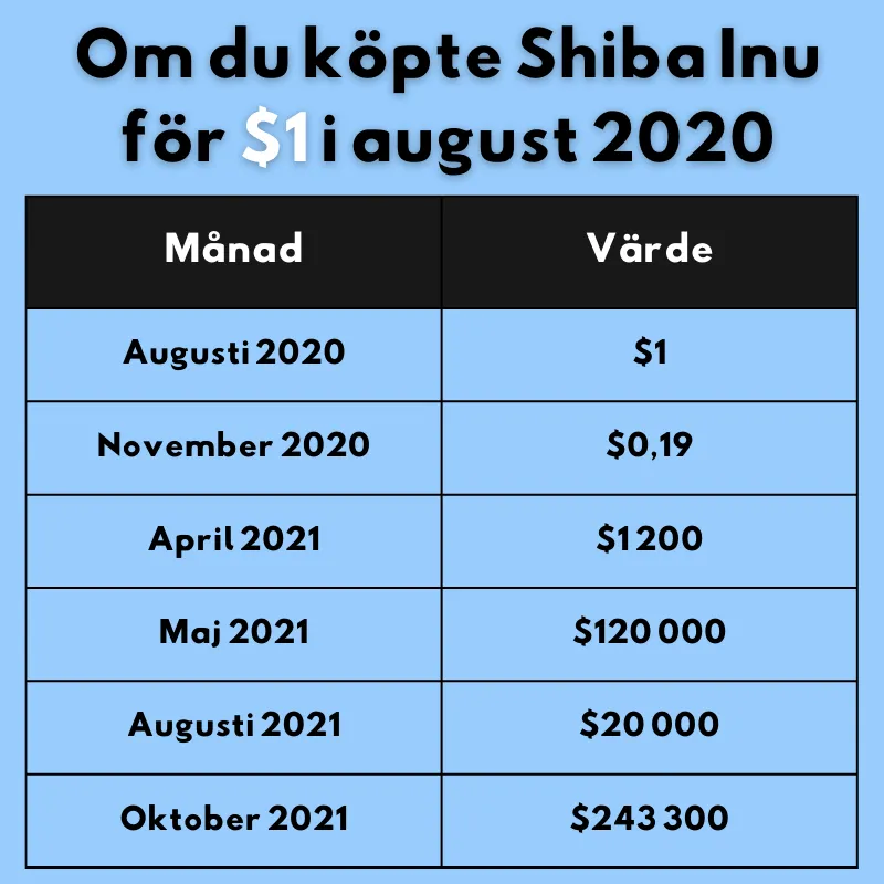 Tabell över värdet av 1 dollar i Shiba Inu köpt i augusti 2020, som var värd 243 300 dollar i oktober 2021