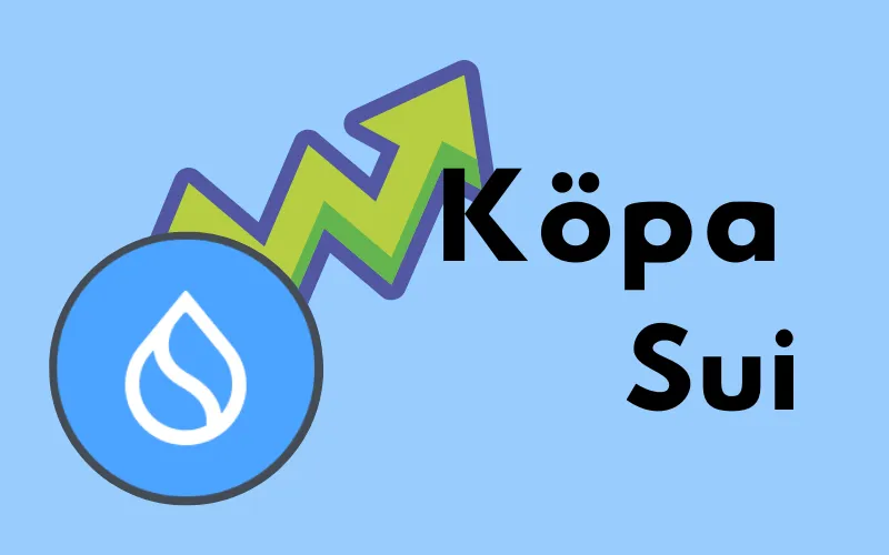 Suis blå logotyp med stigande grön pil och texten ”Köpa Sui”