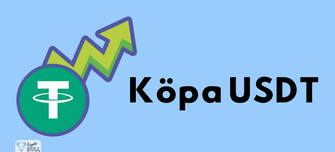 Tethers gröna logotyp med stigande grön pil och texten ”Köpa USDT”