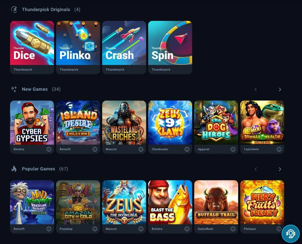 Spelutbudet på Thunderpick med Thunderpick Originals som Dice, Plinko och Crash
