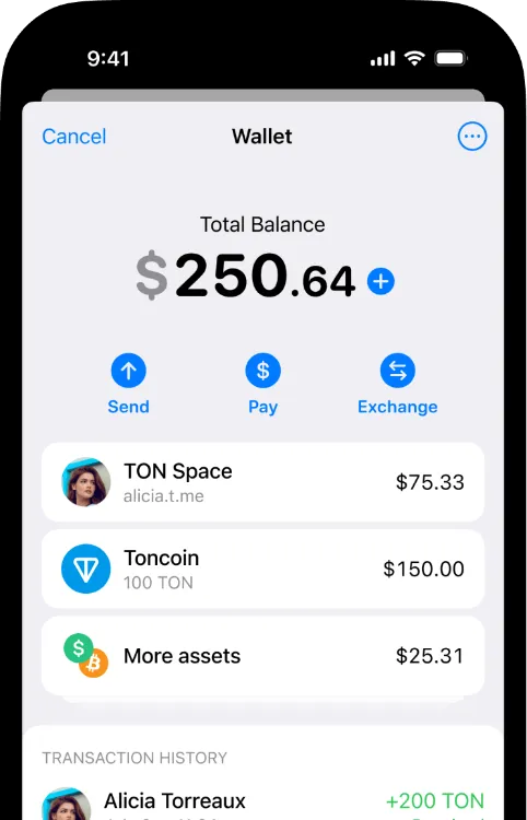 Plånboken Wallet i Telegram med saldo i Toncoin och TON Space