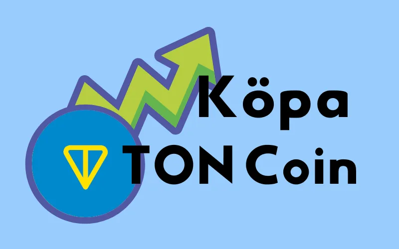 Toncoins blå logotyp med stigande grön pil och texten ”Köpa TON Coin”