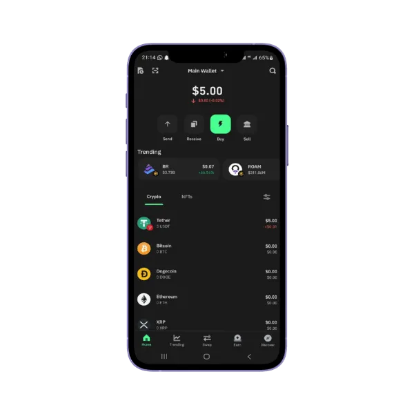 Trust Wallet-appen i mobilen med saldo och lista över kryptovalutor