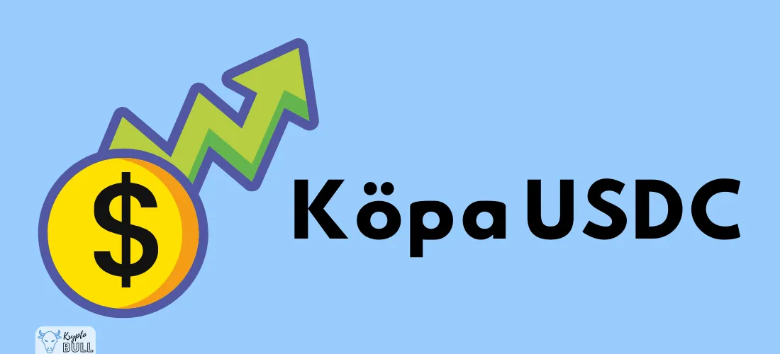 Gult dollarmynt med stigande grön pil och texten ”Köpa USDC”