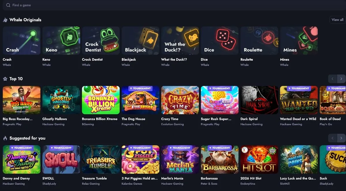 Spelutbudet på Whale.io med Whale Originals, topp 10 och spelförslag