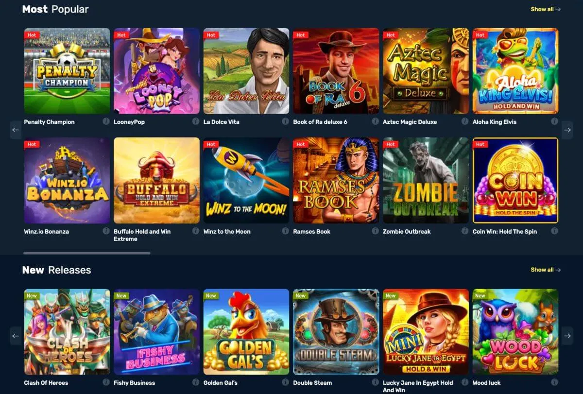 Spelutbudet på Winz.io med populära och nya slots