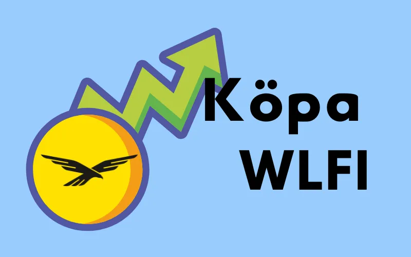 WLFI-mynt med örnlogotypen med stigande grön pil och texten ”Köpa WLFI”