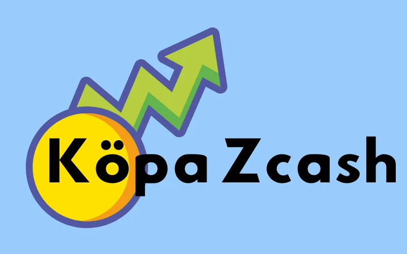 Gult mynt med stigande grön pil och texten ”Köpa Zcash”